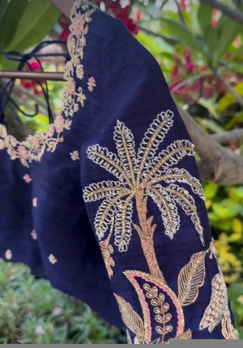 Blue Silk Hand Embroidered Blouse: Zardosi Maggam Work
