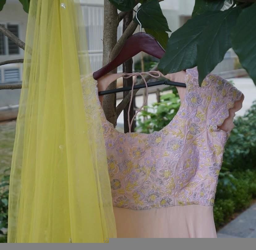 Peach Anarkali Kurta: Hand Embroidered Indian Dress with Dupatta