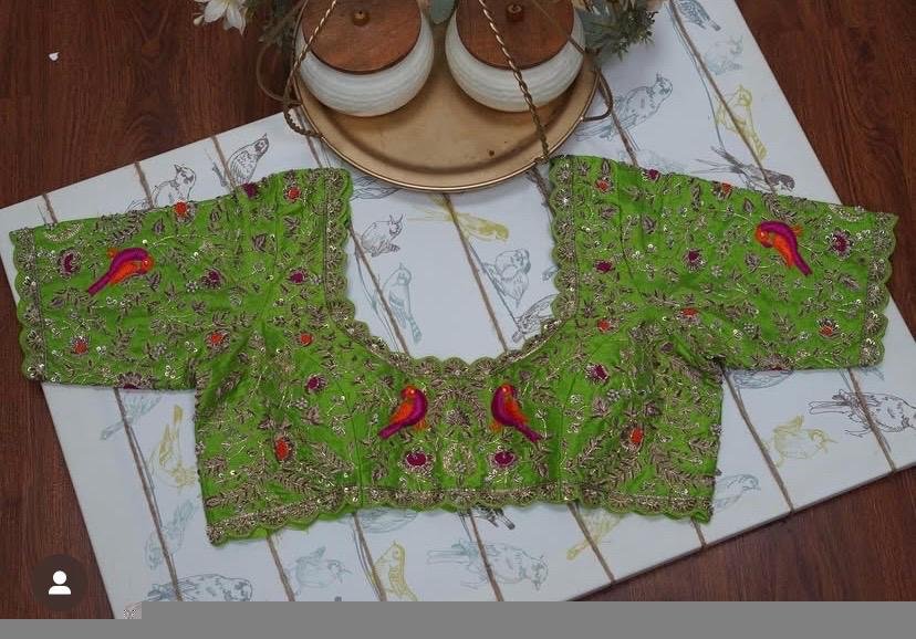 Green Silk Bridal Blouse: Hand Embroidered Zardosi Maggam Work