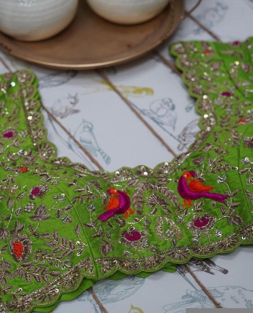 Green Silk Bridal Blouse: Hand Embroidered Zardosi Maggam Work