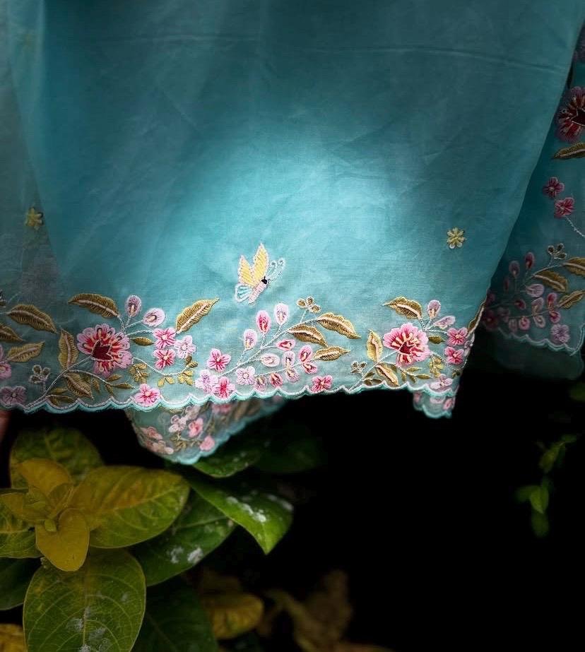 Blue Organza Silk Saree: Hand-Embroidered Blouse & Border