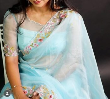 Blue Organza Silk Saree: Hand-Embroidered Blouse & Border