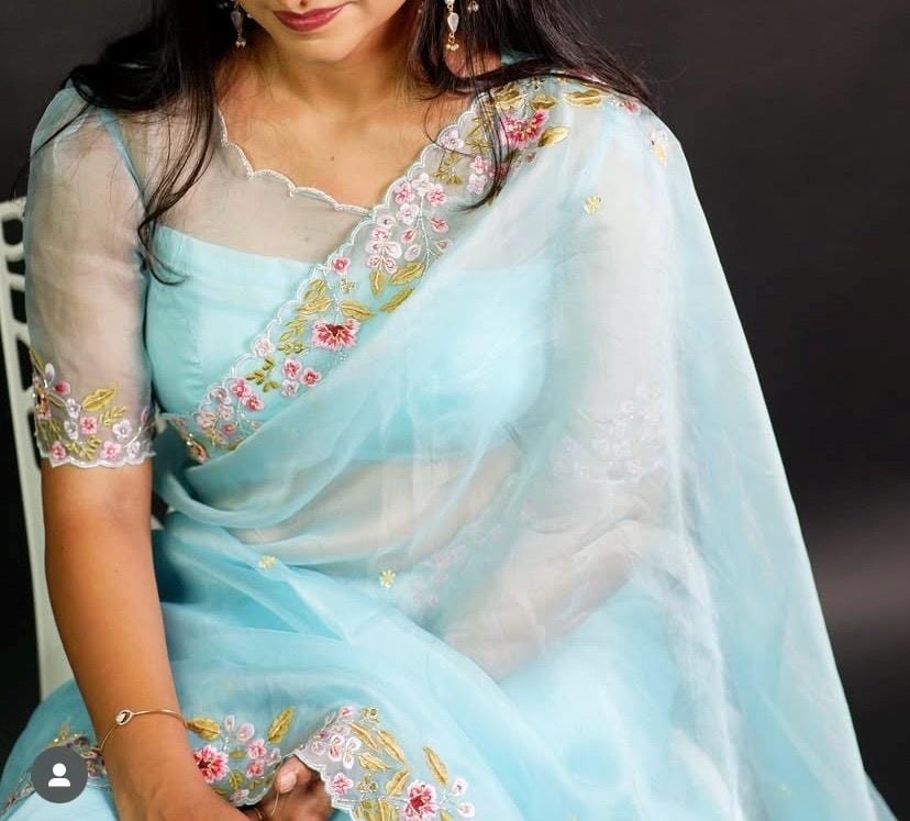Blue Organza Silk Saree: Hand-Embroidered Blouse & Border
