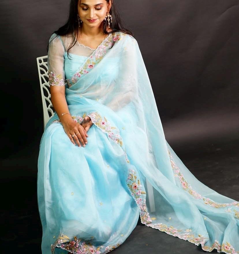 Blue Organza Silk Saree: Hand-Embroidered Blouse & Border
