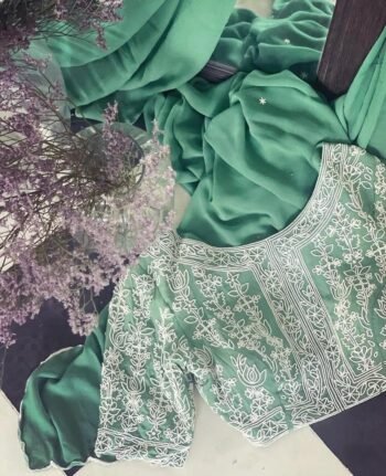 Pista Green Georgette Silk Saree: Hand Embroidered Blouse