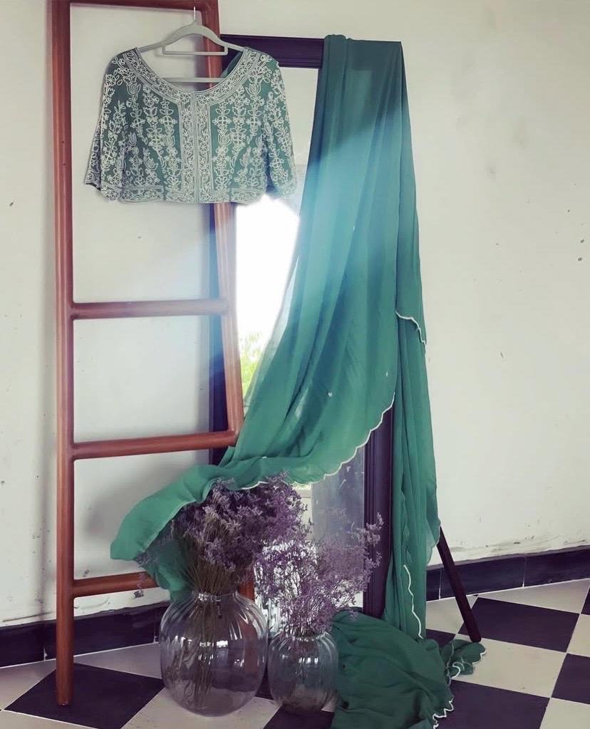 Pista Green Georgette Silk Saree: Hand Embroidered Blouse