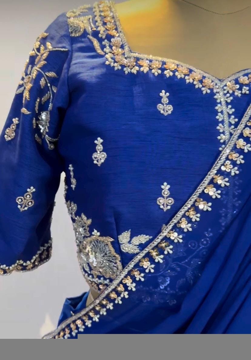 Royal Blue Lehenga Set: Embroidered Crop Top, Georgette Skirt & Dupatta