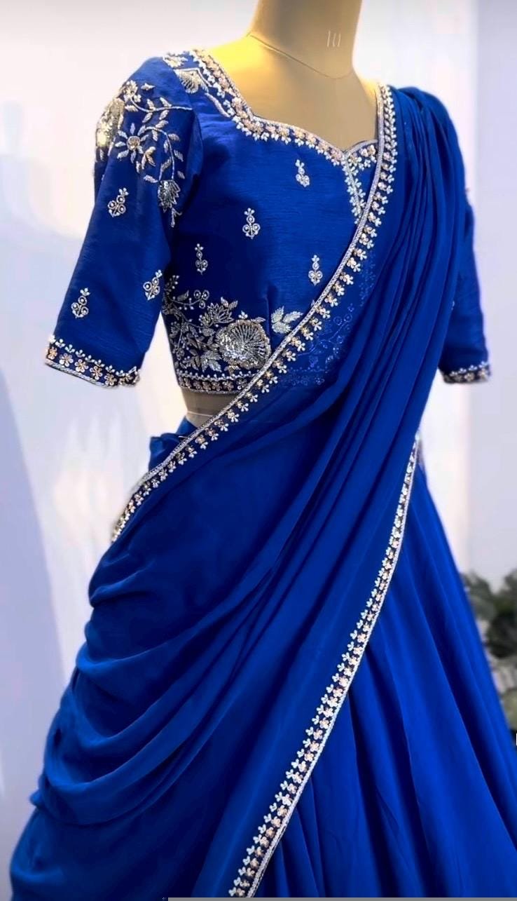 Royal Blue Lehenga Set: Embroidered Crop Top, Georgette Skirt & Dupatta