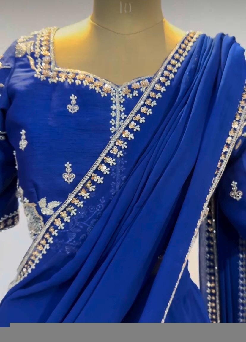 Royal Blue Lehenga Set: Embroidered Crop Top, Georgette Skirt & Dupatta