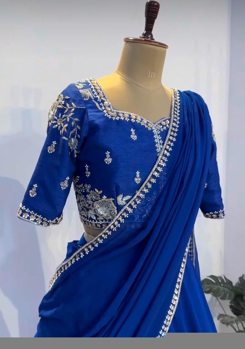 Royal Blue Lehenga Set: Embroidered Crop Top, Georgette Skirt & Dupatta