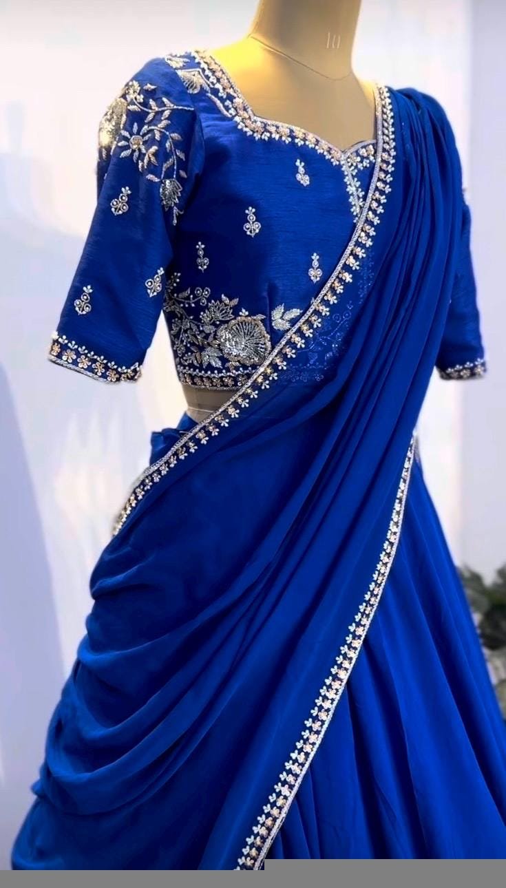 Royal Blue Lehenga Set: Embroidered Crop Top, Georgette Skirt & Dupatta