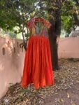 Hand-Painted Kalamkari Anarkali Dress with Dupatta: Orange Silk Embroidered Gown,Kalamkari hand print Anarkali dress,orange Anarkali dress