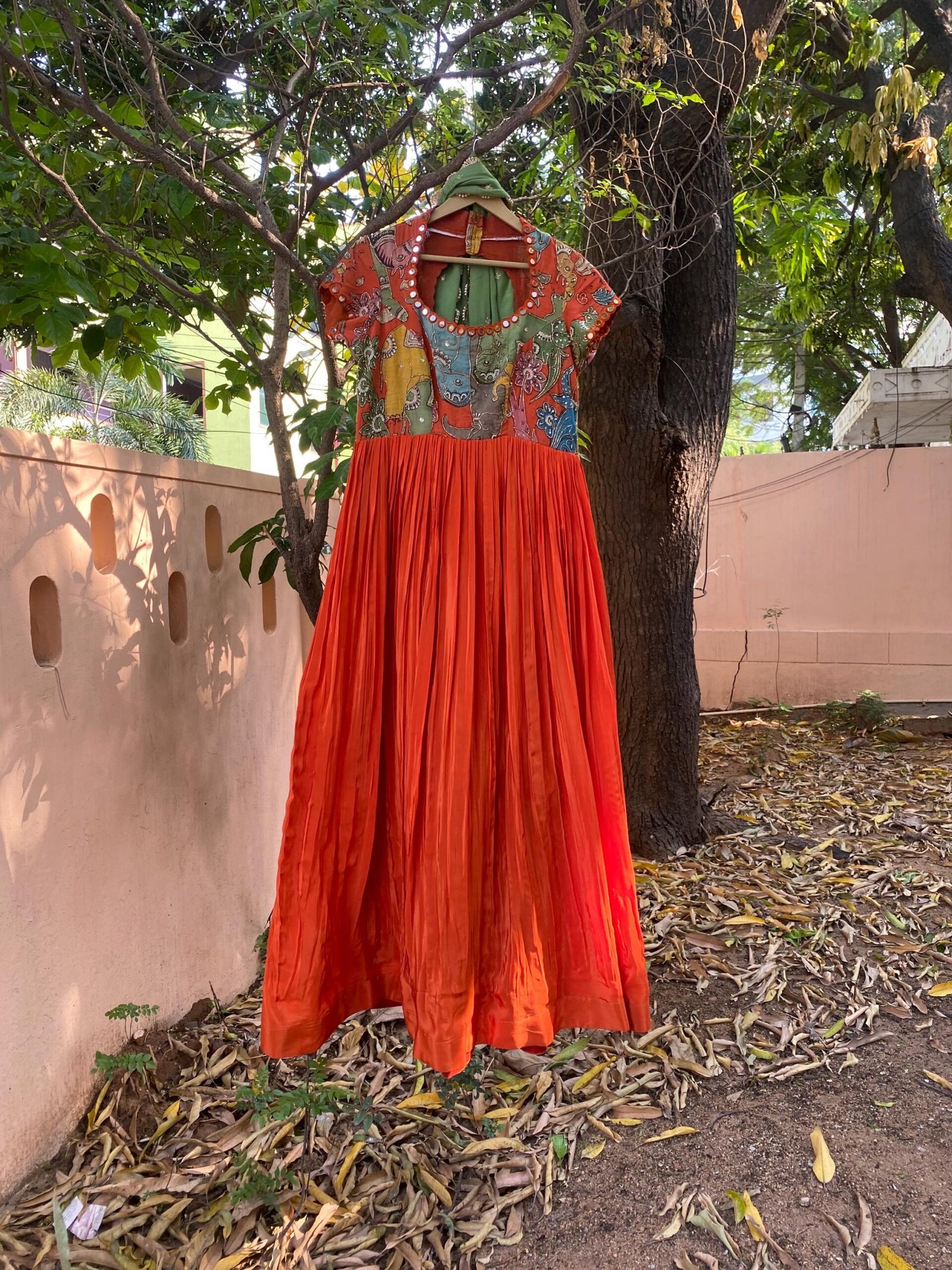 Hand-Painted Kalamkari Anarkali Dress with Dupatta: Orange Silk Embroidered Gown,Kalamkari hand print Anarkali dress,orange Anarkali dress