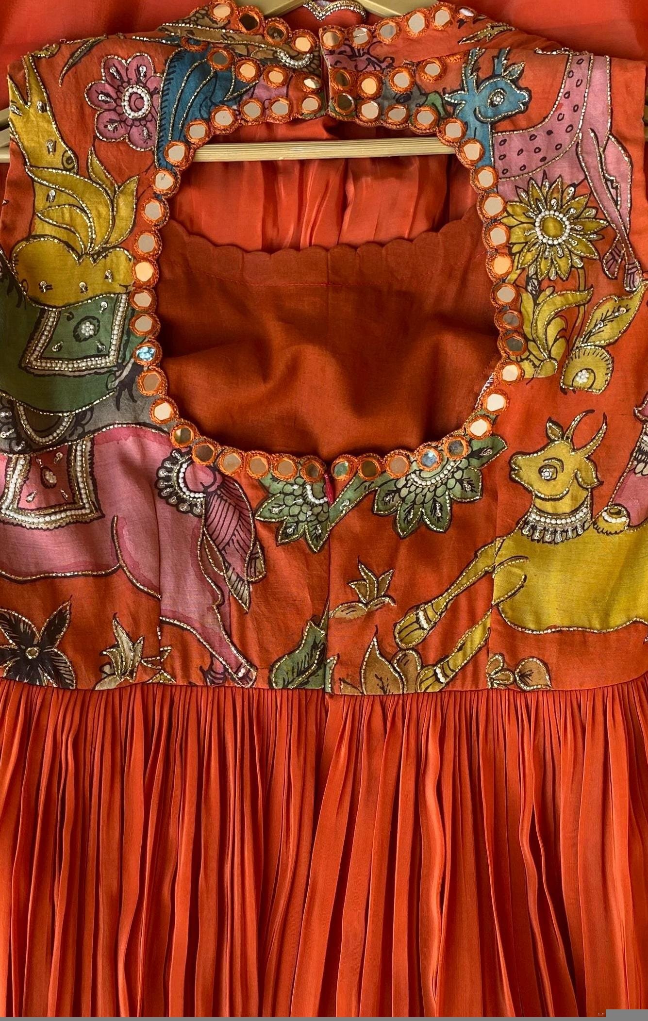 Hand-Painted Kalamkari Anarkali Dress with Dupatta: Orange Silk Embroidered Gown,Kalamkari dress,orange hand painted Kalamkari Anarkali suit