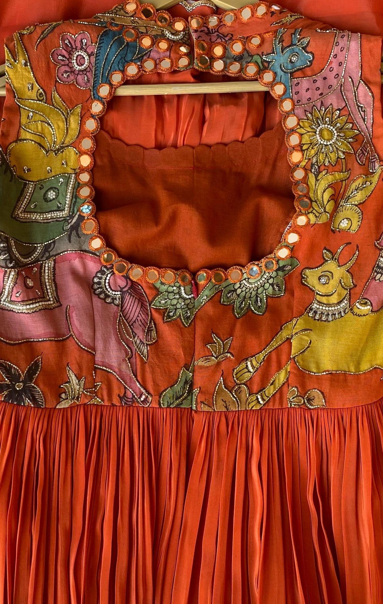 Hand-Painted Kalamkari Anarkali Dress with Dupatta: Orange Silk Embroidered Gown,Kalamkari hand print Anarkali dress,orange Anarkali dress