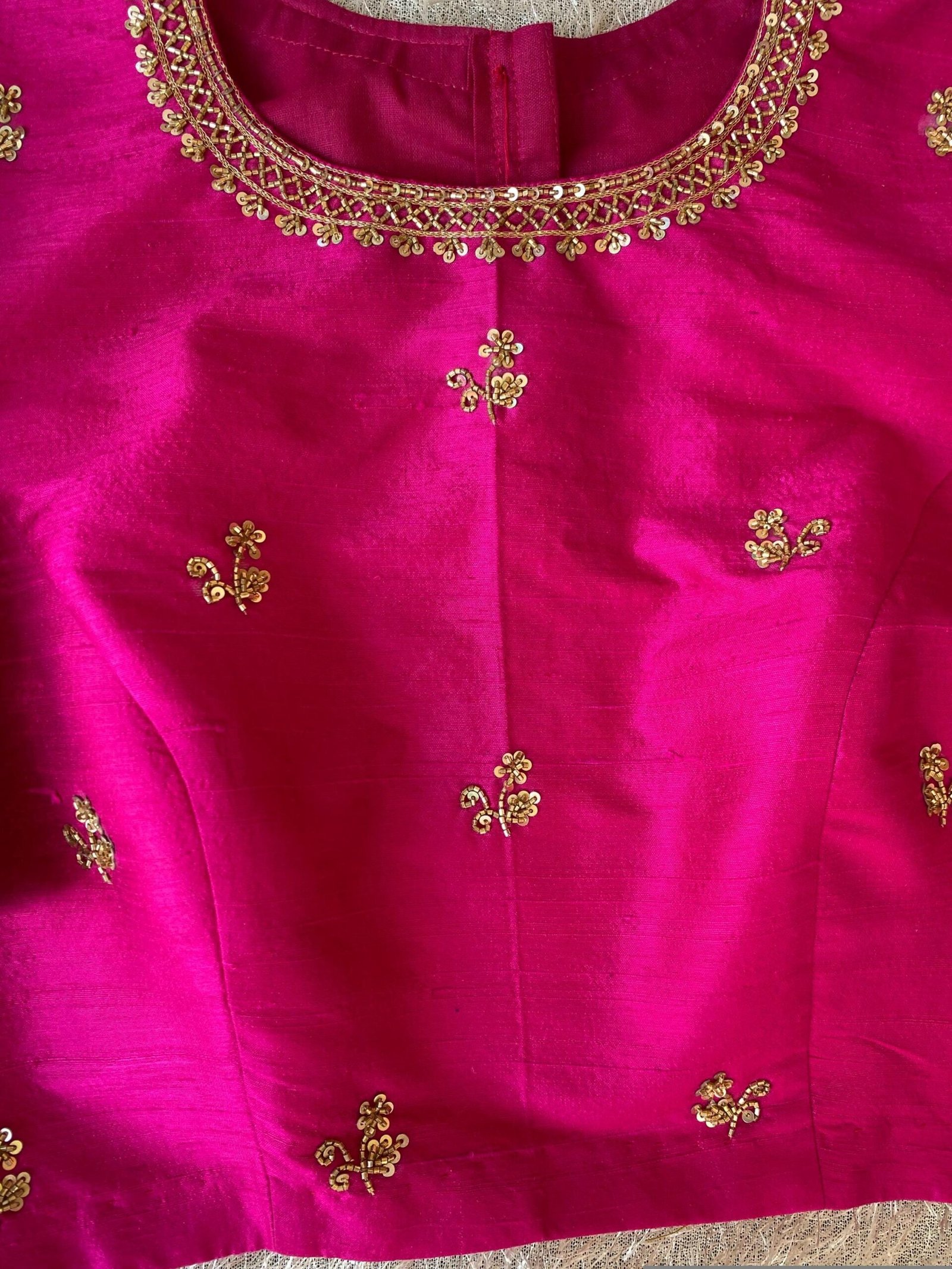 Hand Embroidered Pink Raw Silk Blouse: Zardosi Maggam Saree Top