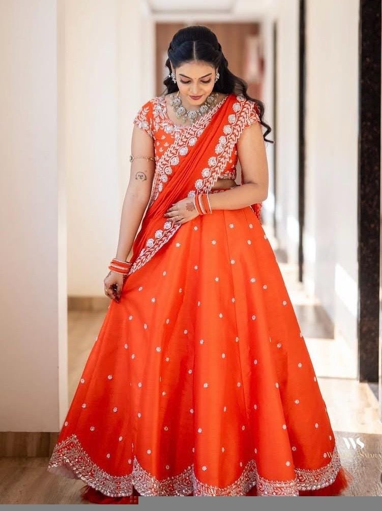Orange Hand Embroidered Lehenga Set: Raw Silk Indian Bridal Outfit,reception lehenga,Indian bridal lehenga,orange wedding lehenga choli usa