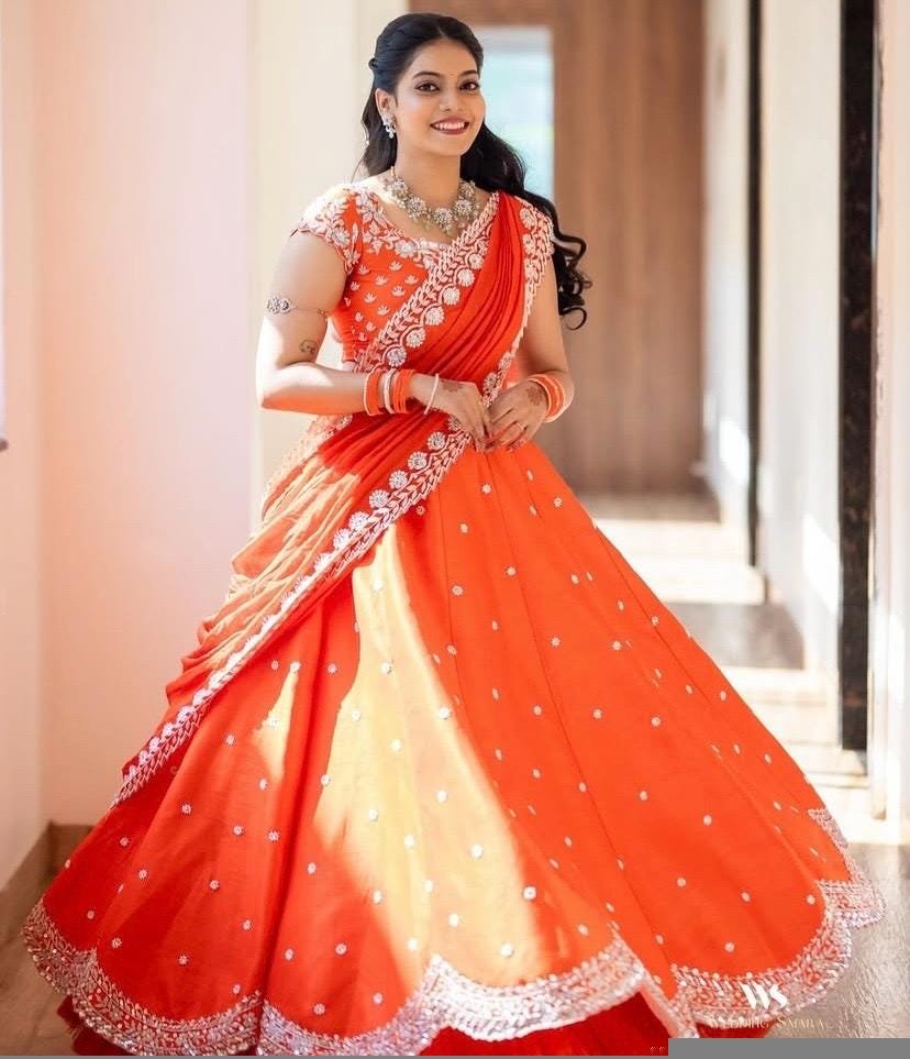 Orange Hand Embroidered Lehenga Set: Raw Silk Indian Bridal Outfit,reception lehenga,Indian bridal lehenga,orange wedding lehenga choli usa