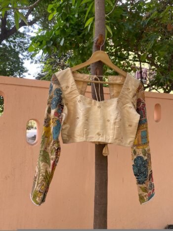 Hand-Painted Kalamkari Silk Blouse: Embroidered Maggam Work