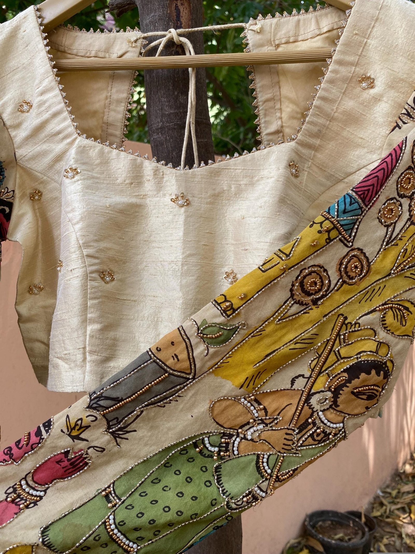 Hand-Painted Kalamkari Silk Blouse: Embroidered Maggam Work