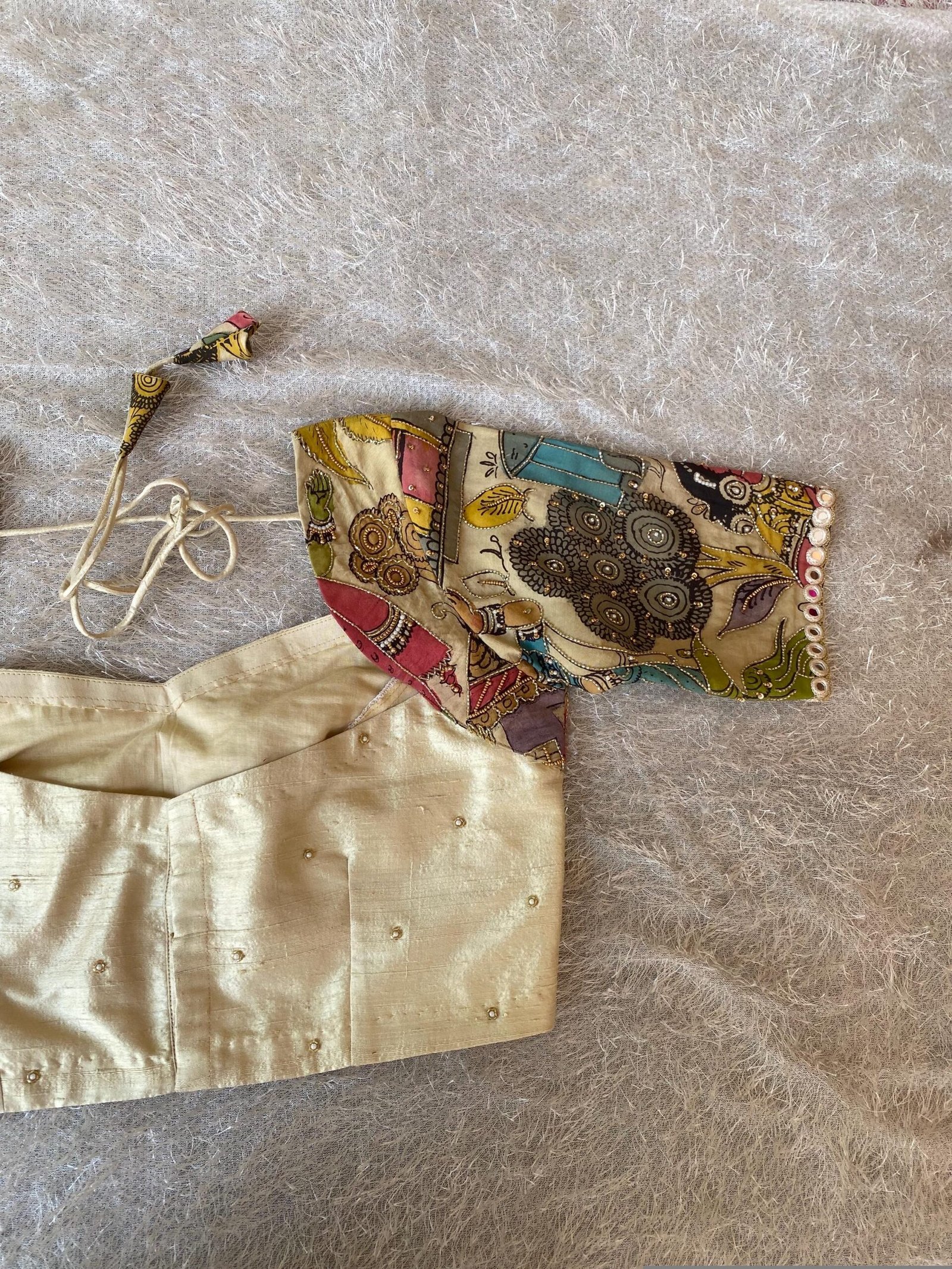 Hand-Painted Kalamkari Silk Blouse: Embroidered Maggam Work, hand work kalamkari blouse,beige blouse,handpainted blosue,mix and match blouse