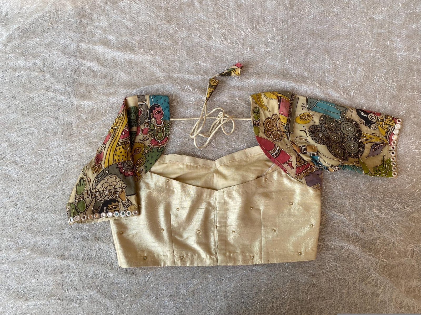 Hand-Painted Kalamkari Silk Blouse: Embroidered Maggam Work, hand work kalamkari blouse,beige blouse,handpainted blosue,mix and match blouse