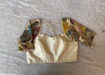 Hand-Painted Kalamkari Silk Blouse: Embroidered Maggam Work, hand work kalamkari blouse,beige blouse,handpainted blosue,mix and match blouse