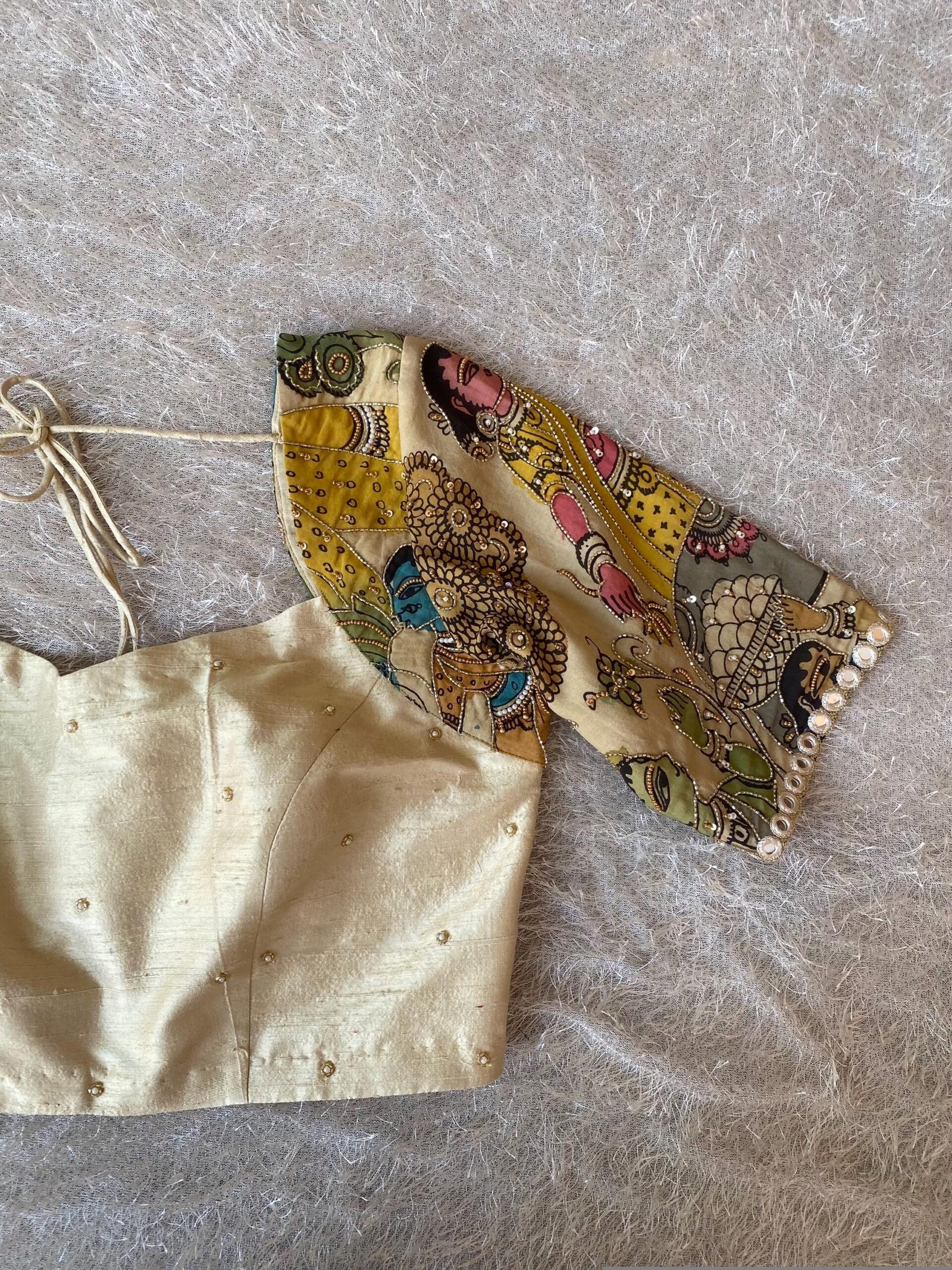 Hand-Painted Kalamkari Silk Blouse: Embroidered Maggam Work, hand work kalamkari blouse,beige blouse,handpainted blosue,mix and match blouse