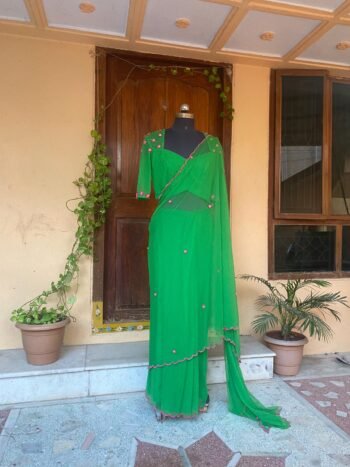Soft net hand work saree with hand embroidered blouse/green saree with handwork blouse|net transparent saree modern saree with blouse
