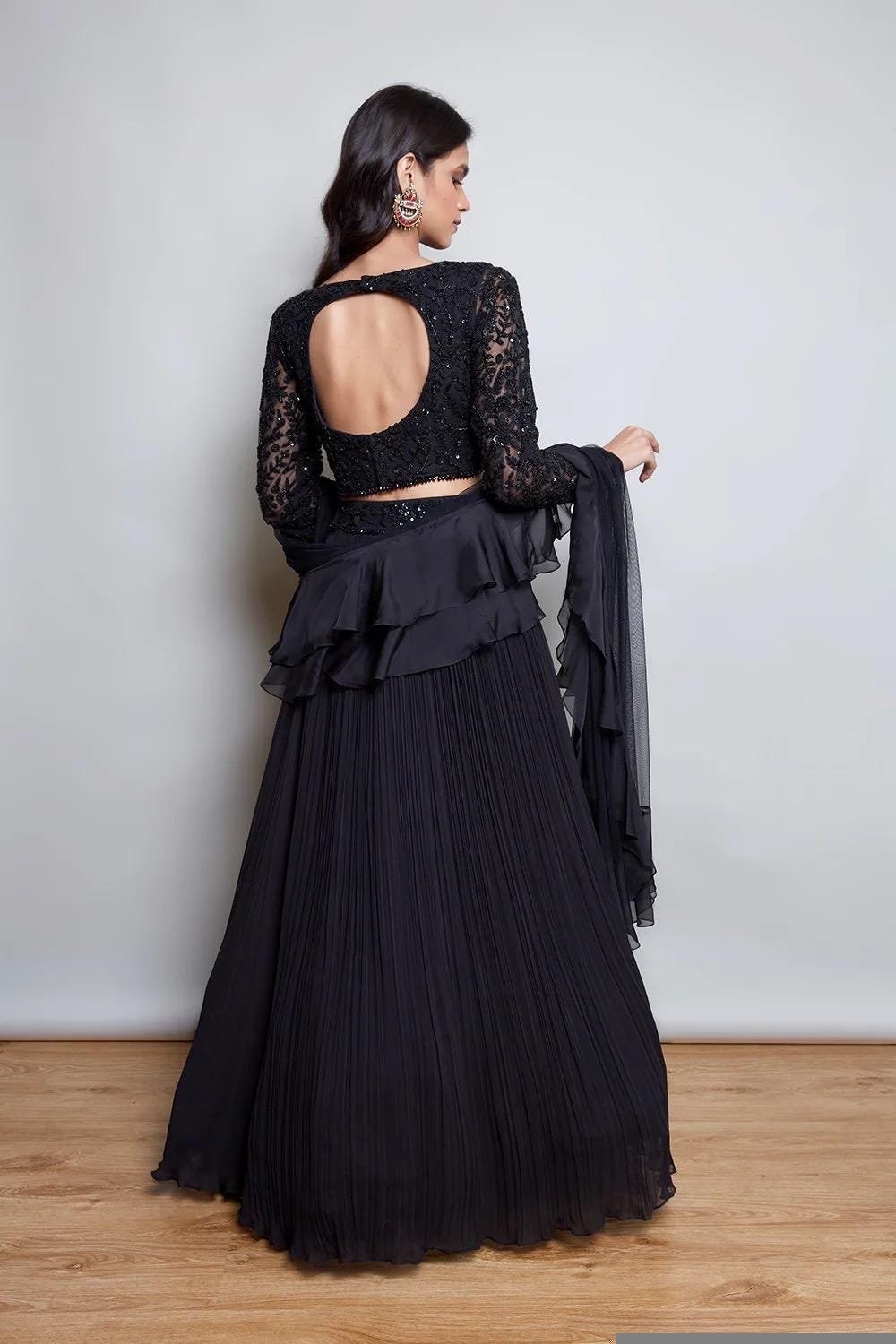 Hand Embroidered Black Lehenga Set: Silk Crop Top, Ruffle Dupatta