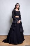 Hand Embroidered Black Lehenga Set: Silk Crop Top, Ruffle Dupatta