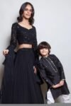 Hand Embroidered Black Lehenga Set: Silk Crop Top, Ruffle Dupatta