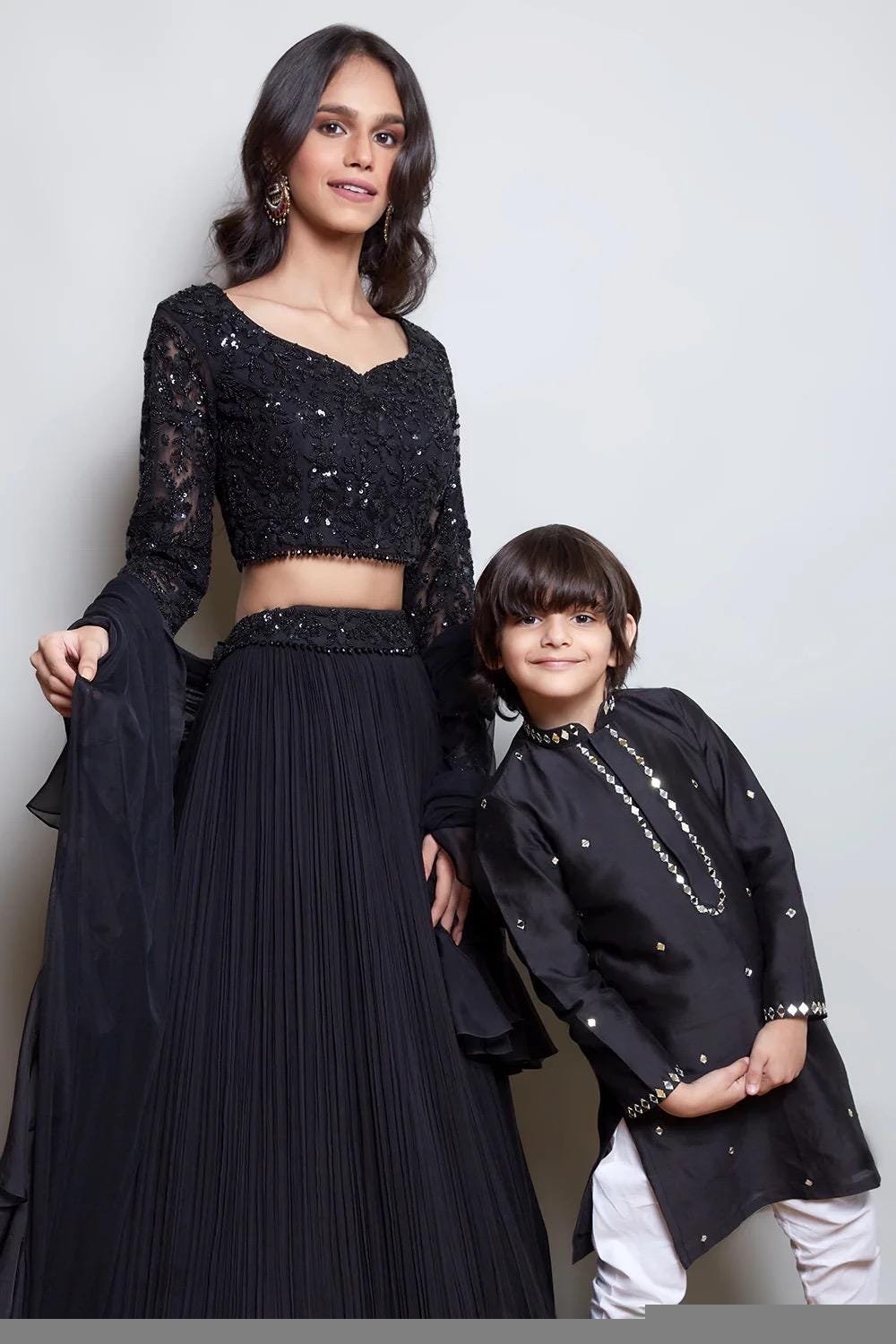 Hand Embroidered Black Lehenga Set: Silk Crop Top, Ruffle Dupatta