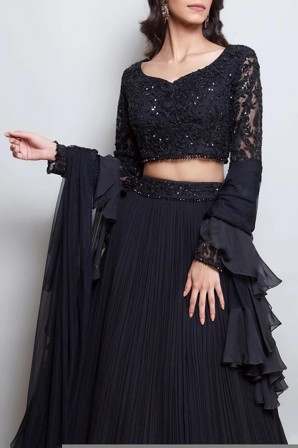 Hand Embroidered Black Lehenga Set: Silk Crop Top, Ruffle Dupatta