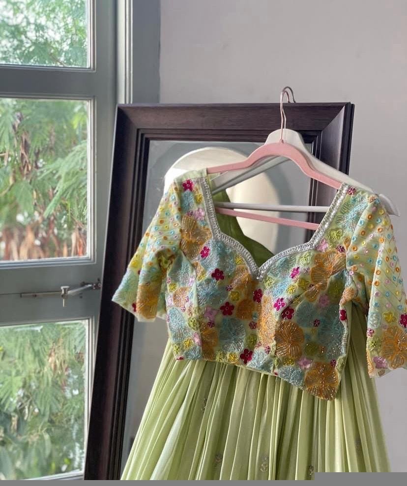 Hand Embroidered Lehenga Set: Pista Green Georgette Indian Crop Top Skirt