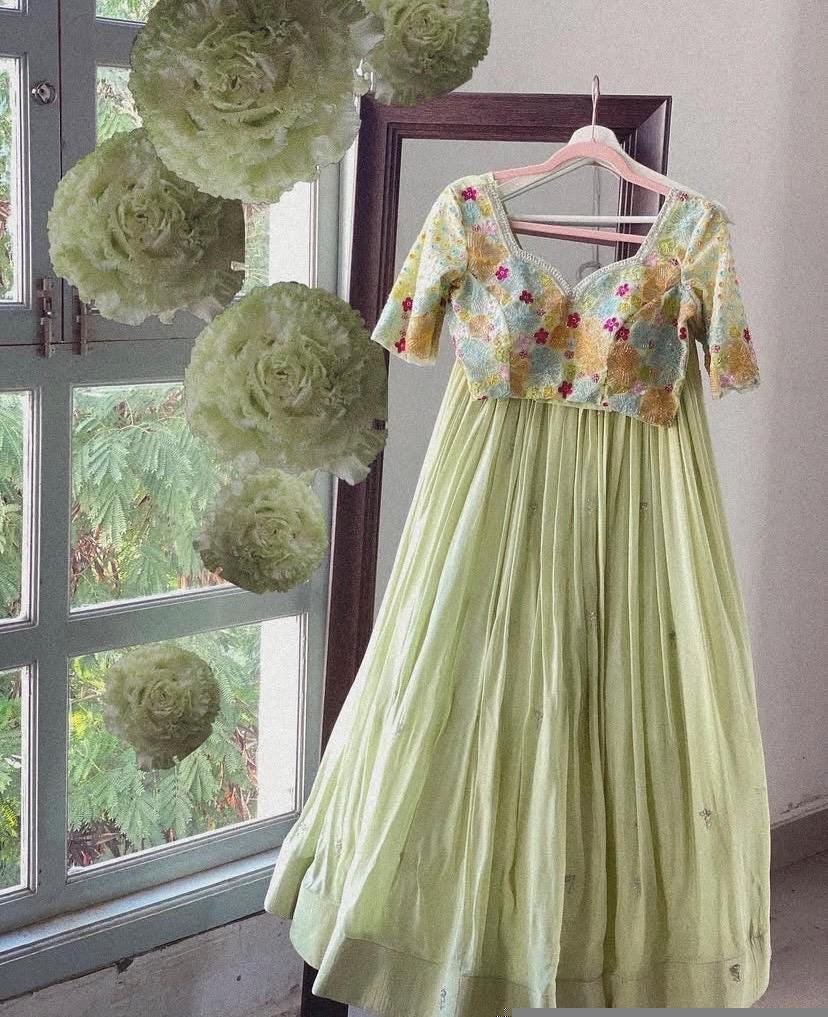 Hand Embroidered Lehenga Set: Pista Green Georgette Indian Crop Top Skirt
