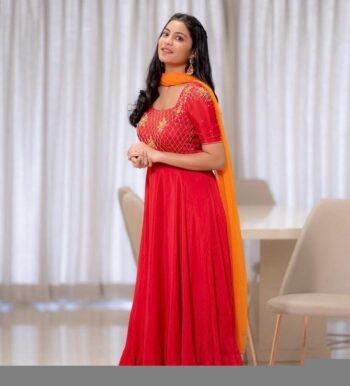 Hand Embroidered Red Silk Anarkali Dress with Orange Dupatta,red Anarkali kurta dupatta,orange Anarkali kurta,Indian kurta set,orange red