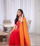 Hand Embroidered Red Silk Anarkali Dress with Orange Dupatta,red Anarkali kurta dupatta,orange Anarkali kurta,Indian kurta set,orange red