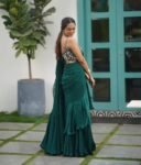 Green Ruffle Saree: Hand-Embroidered Sleeveless Blouse, Modern Lehenga Sari