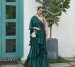 Green Ruffle Saree: Hand-Embroidered Sleeveless Blouse, Modern Lehenga Sari