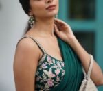 Green Ruffle Saree: Hand-Embroidered Sleeveless Blouse, Modern Lehenga Sari