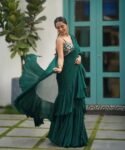 Green Ruffle Saree: Hand-Embroidered Sleeveless Blouse, Modern Lehenga Sari