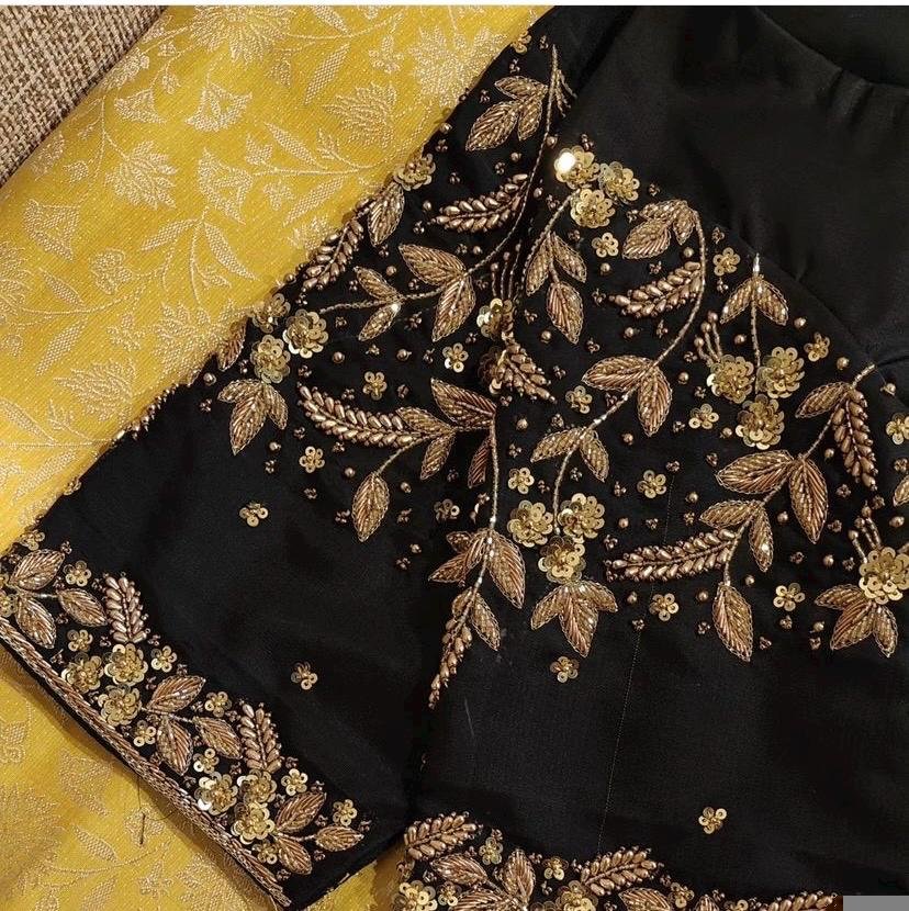 Hand Embroidered Zardosi Blouse: Black Raw Silk Saree Blouse