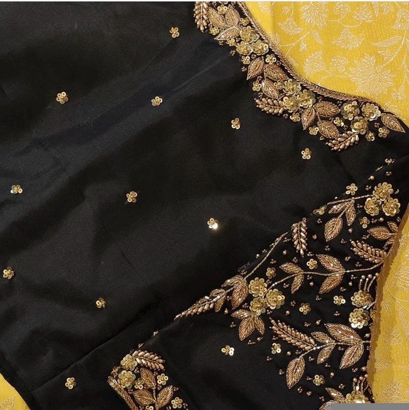 Hand Embroidered Zardosi Blouse: Black Raw Silk Saree Blouse
