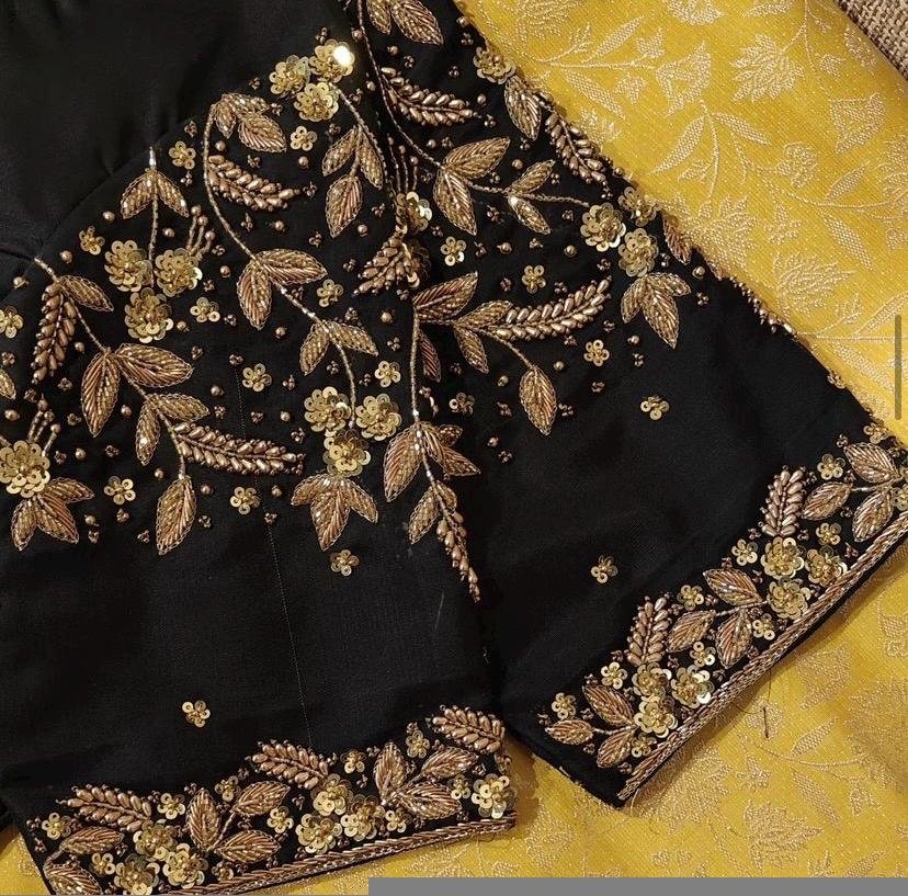Hand Embroidered Zardosi Blouse: Black Raw Silk Saree Blouse