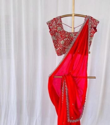 Red Silk Saree with Hand-Embroidered Zardosi Blouse,red handwork saree,red saree,cocktail saree,maggam saree,wedding saree,saree with blouse