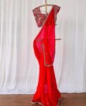 Red Silk Saree with Hand-Embroidered Zardosi Blouse,red handwork saree,red saree,cocktail saree,maggam saree,wedding saree,saree with blouse