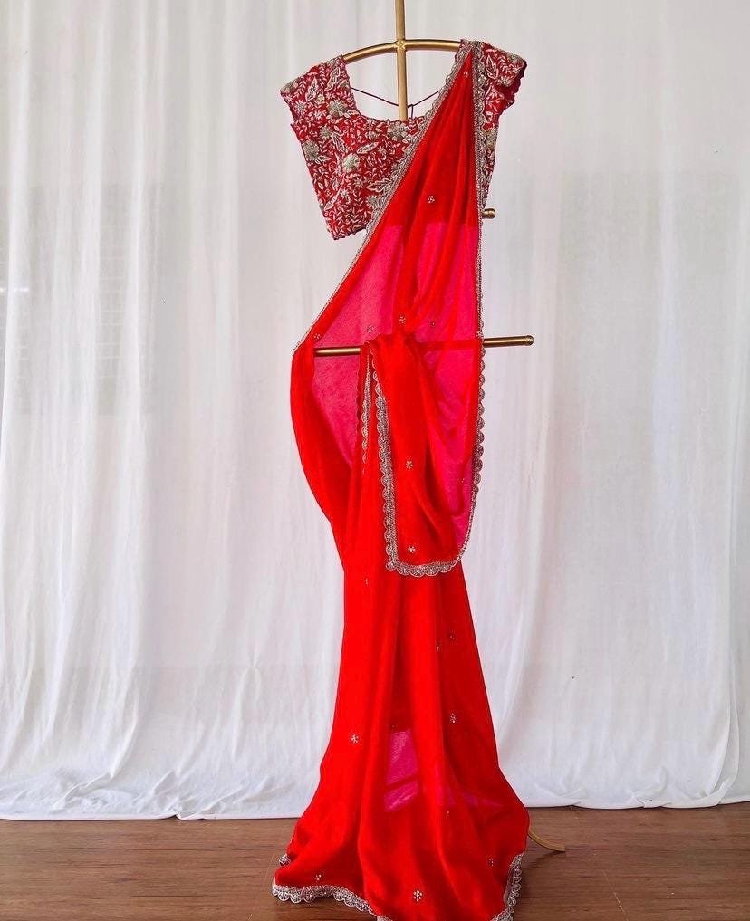 Red Silk Saree with Hand-Embroidered Zardosi Blouse,red handwork saree,red saree,cocktail saree,maggam saree,wedding saree,saree with blouse