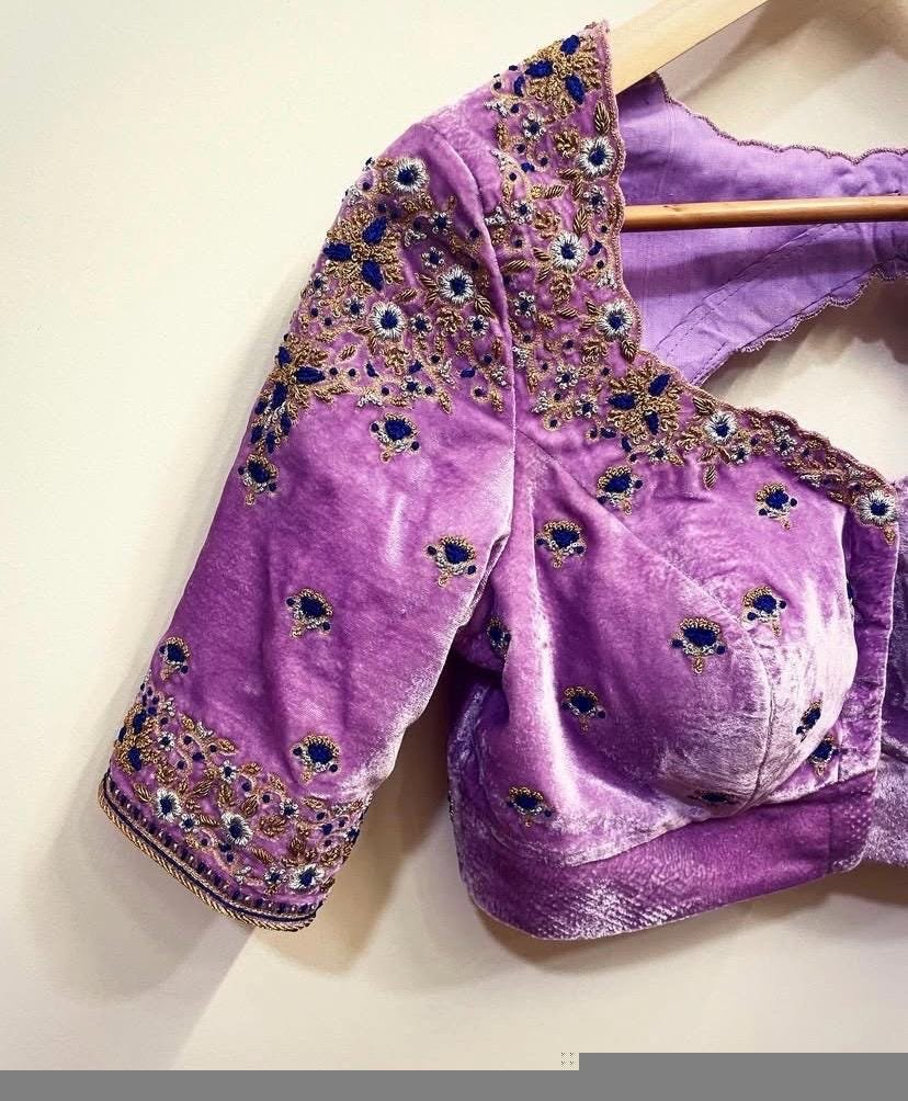 Lavender Velvet Saree Blouse: Hand Embroidered Zardosi Crop Top