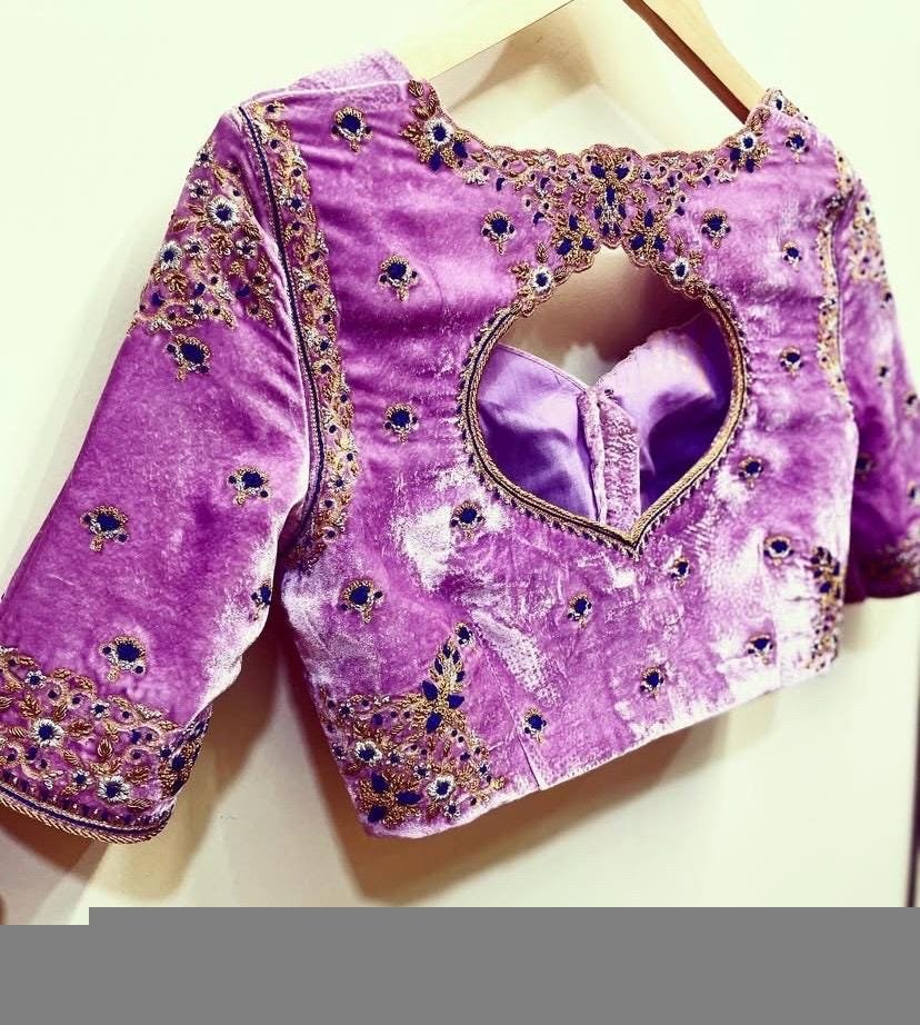 Lavender Velvet Saree Blouse: Hand Embroidered Zardosi Crop Top